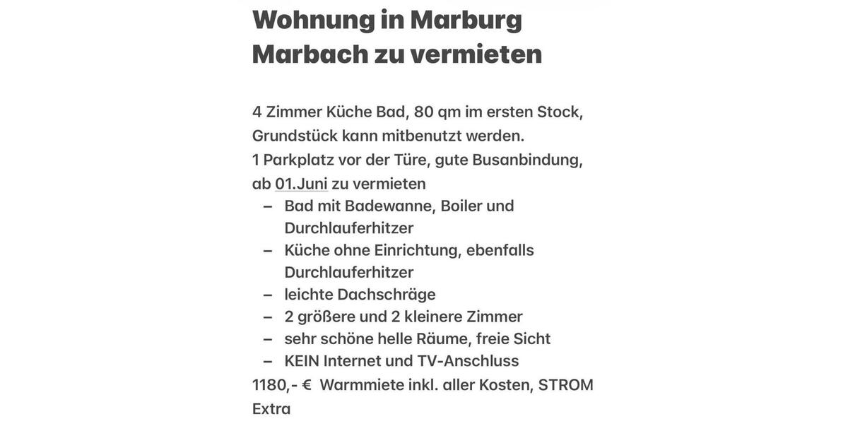 Etagenwohnung Marburg Marbach - 4 Zimmer, 80 m&sup2;, 1.180&euro; | Angebot:25417649