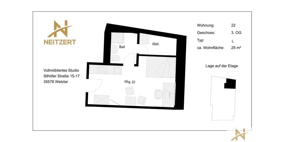 Etagenwohnung Wetzlar - 1 Zimmer, 25 m&sup2;, 795&euro; | Angebot:21662076